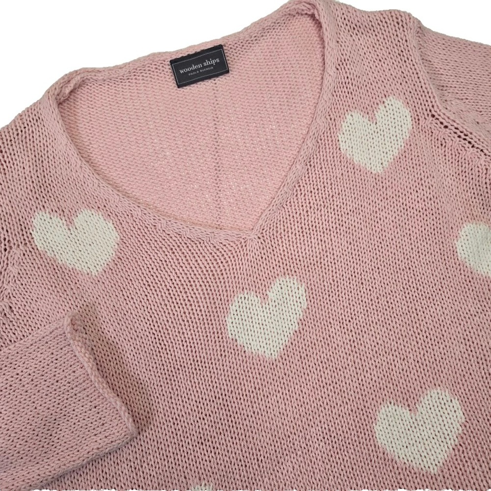 Wooden Ships Light Pink‎ Hearts V-Neck Sweater Size S/M Chunky Open Knit